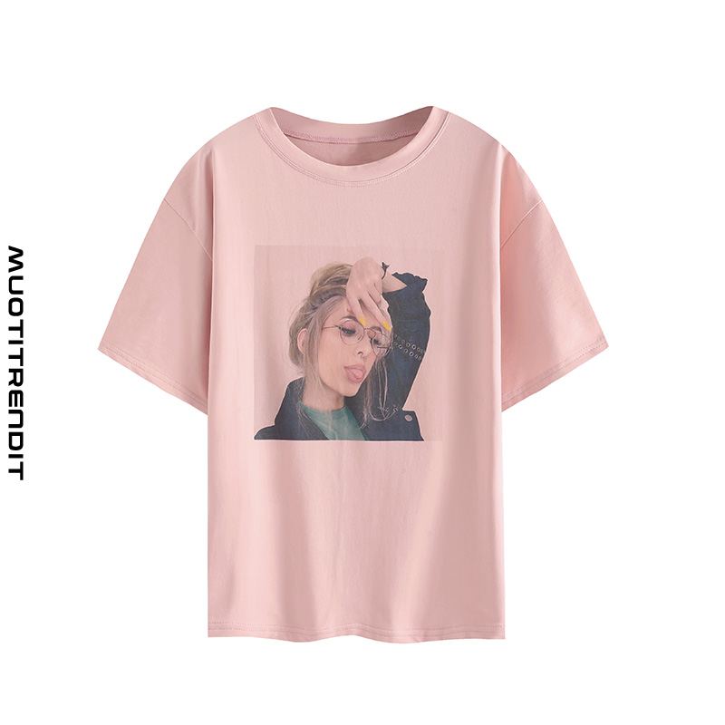 naisten t-paita puuvillakuvio anime vaaleanpunainen