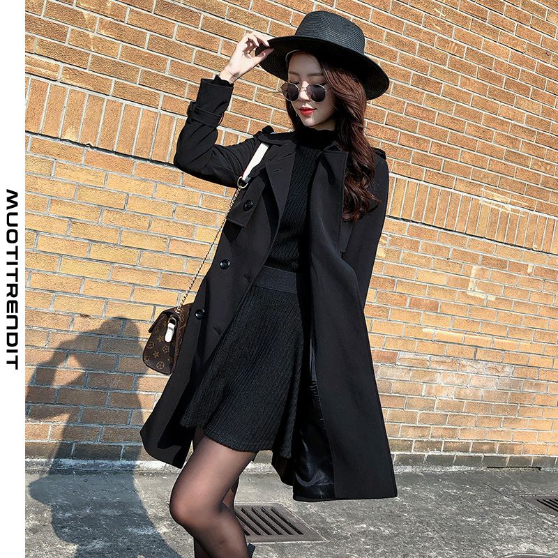 naisten trenssi syksyllä ja talvella kaksirivinen tyylikäs pitkä takki korkealaatuista mustaa