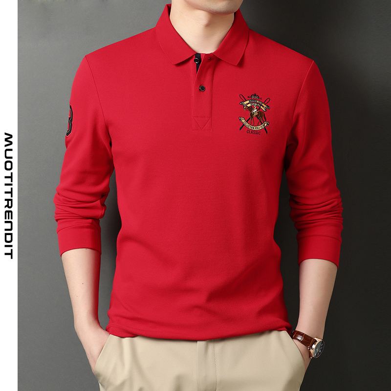 pitkähihainen t-paita miesten puhdasta puuvillaa kääntyvä polo-paita trendikäs punainen