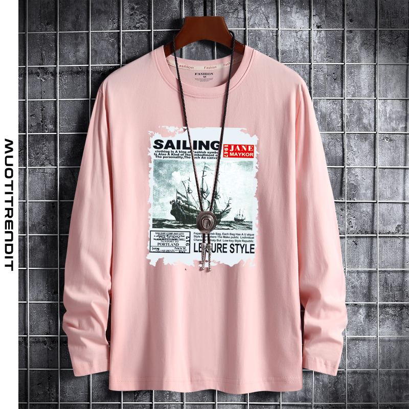 puuvillainen pyöreä kaula-aukkoinen pitkähihainen t-paita uros vuorovesi purjehdus vaaleanpunainen