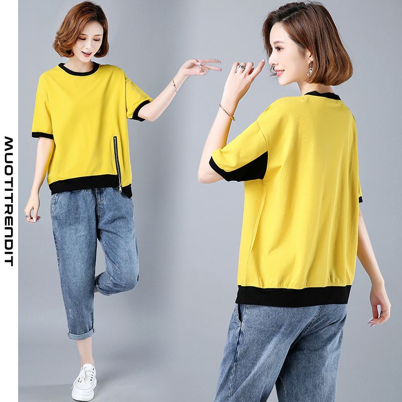 pyöreäkauluksinen vetoketjullinen naisten t-paita kesällä uusi keltainen
