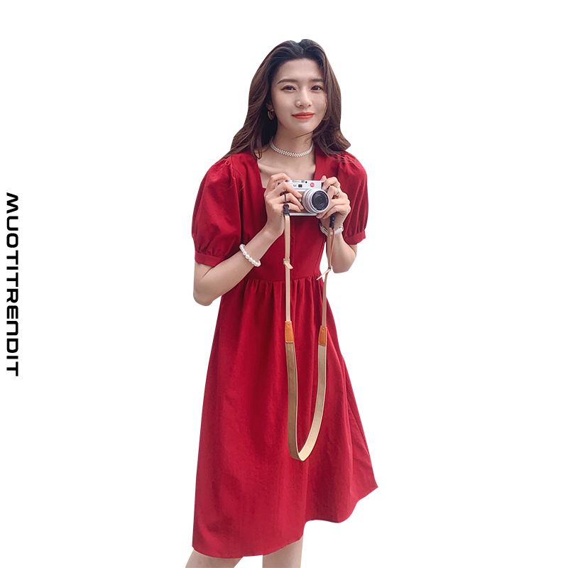 ranskalainen retro neliön kaulus sifonki naispuolinen mekko viininpunainen