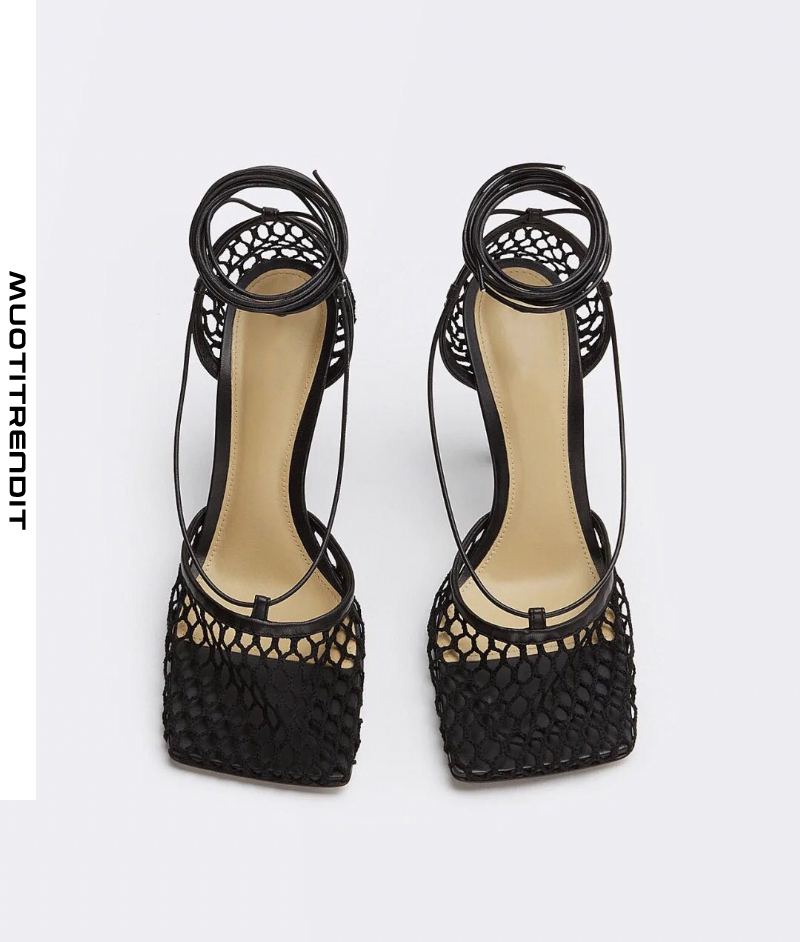 sandaalit naisten matalat suu mesh neliövarvas stiletto korkokengät musta