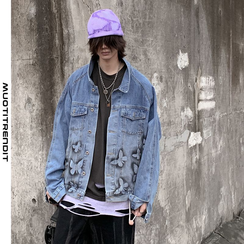 street hip-hop print persoonallinen farkkutakki uros sininen