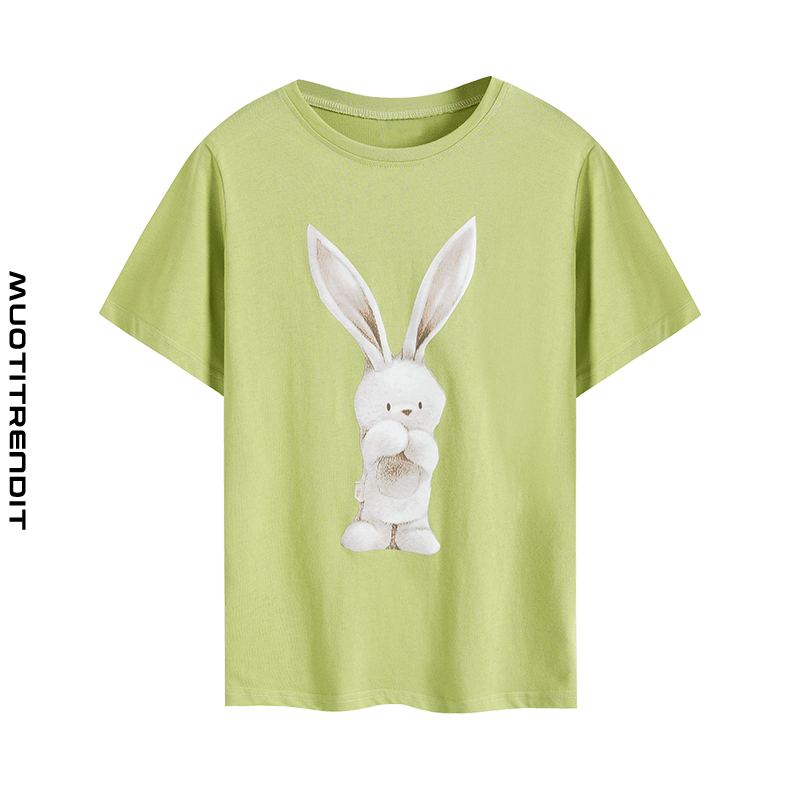 summer cotton cartoon white rabbit print lyhythihainen naisten t-paita vihreä