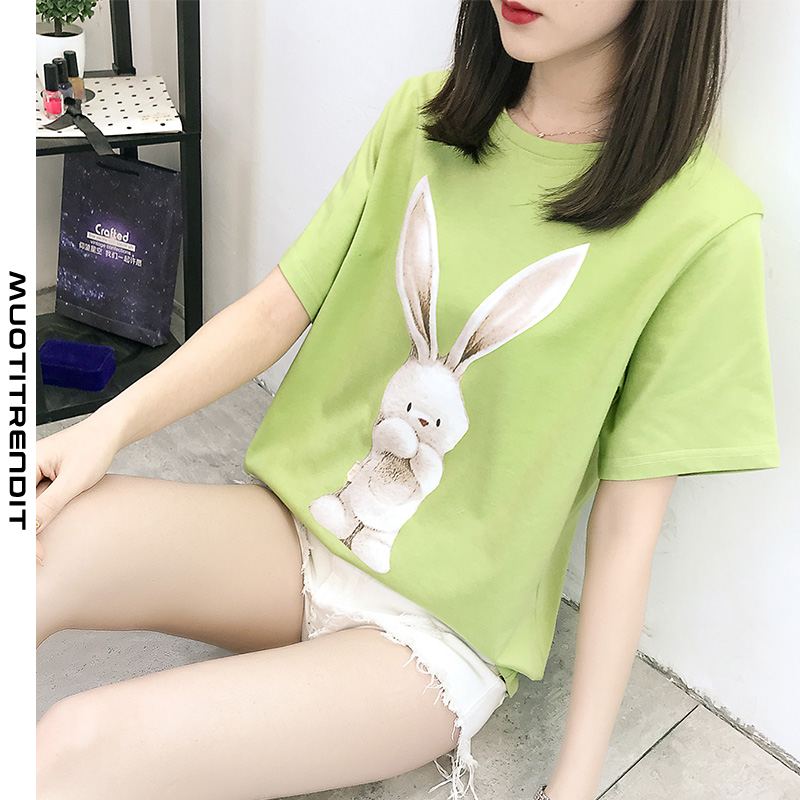 summer cotton cartoon white rabbit print lyhythihainen naisten t-paita vihreä