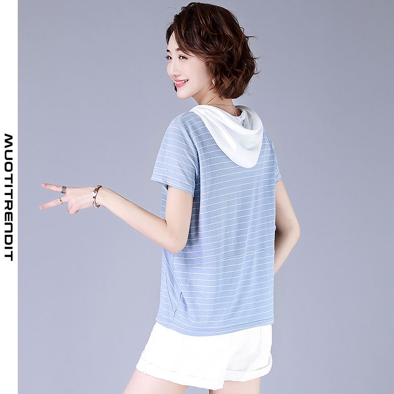 summer loose naisten t-paita letter print raidallinen hupullinen sininen