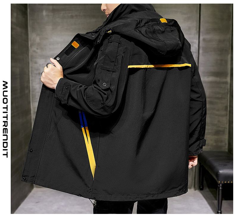 syksyn ja talven miesten tuulitakki pitkä suurikokoinen trendikäs hupullinen takki musta