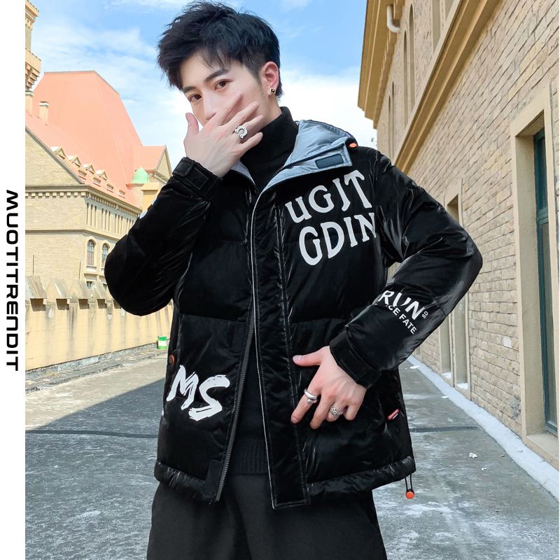 talvi miesten kiiltävä pehmustettu takki muodikas hip-hop lyhyt hupullinen musta