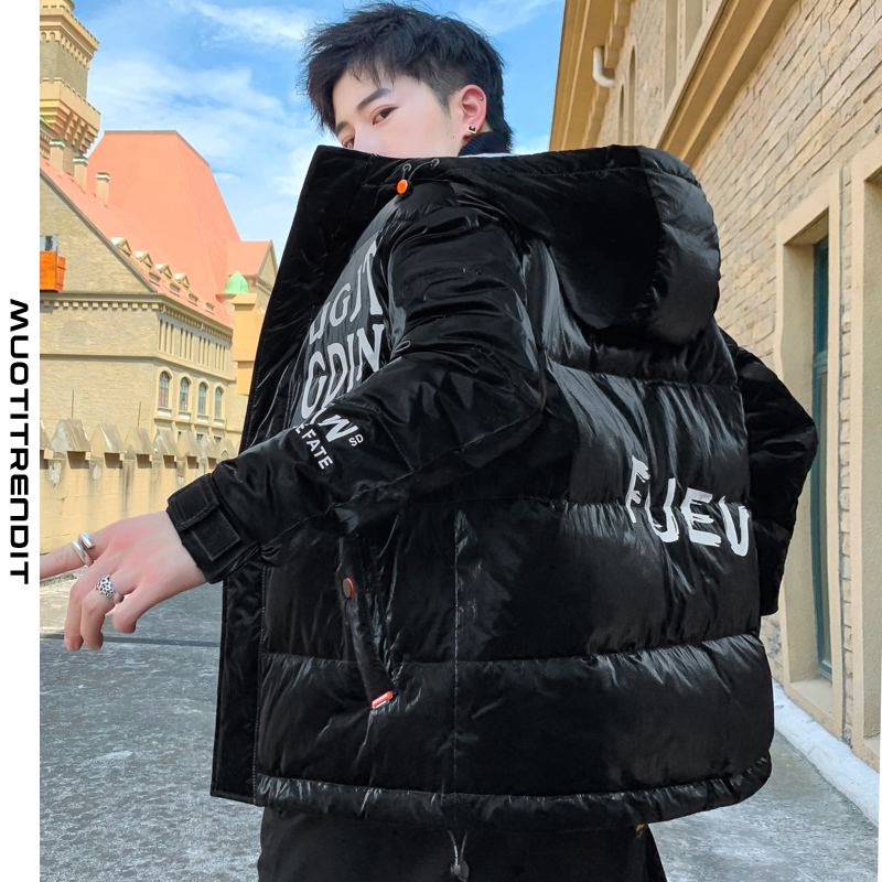 talvi miesten kiiltävä pehmustettu takki muodikas hip-hop lyhyt hupullinen musta