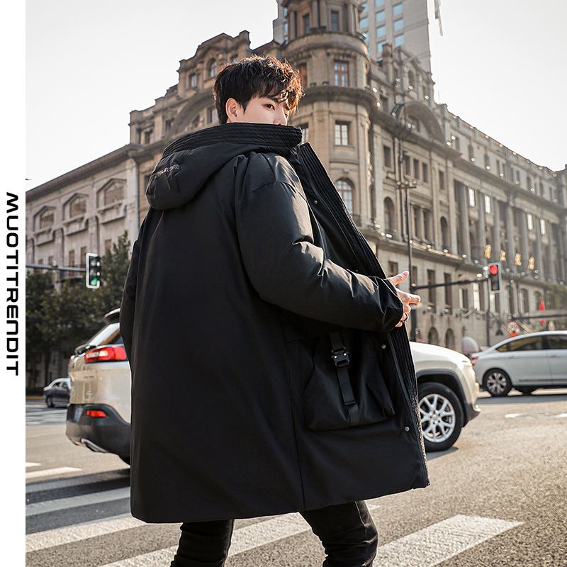 talvi miesten pehmustettu takki jossa hupullinen pitkä paksu solki ohut takki musta