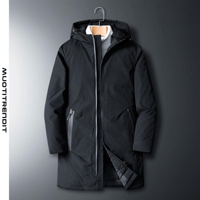talvi miesten pehmustettu takki pitkä plus kokoinen hupullinen tuulenpitävä musta