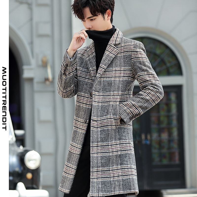 talvi miesten villainen takki ohut ruudullinen pitkä paksu takki khaki