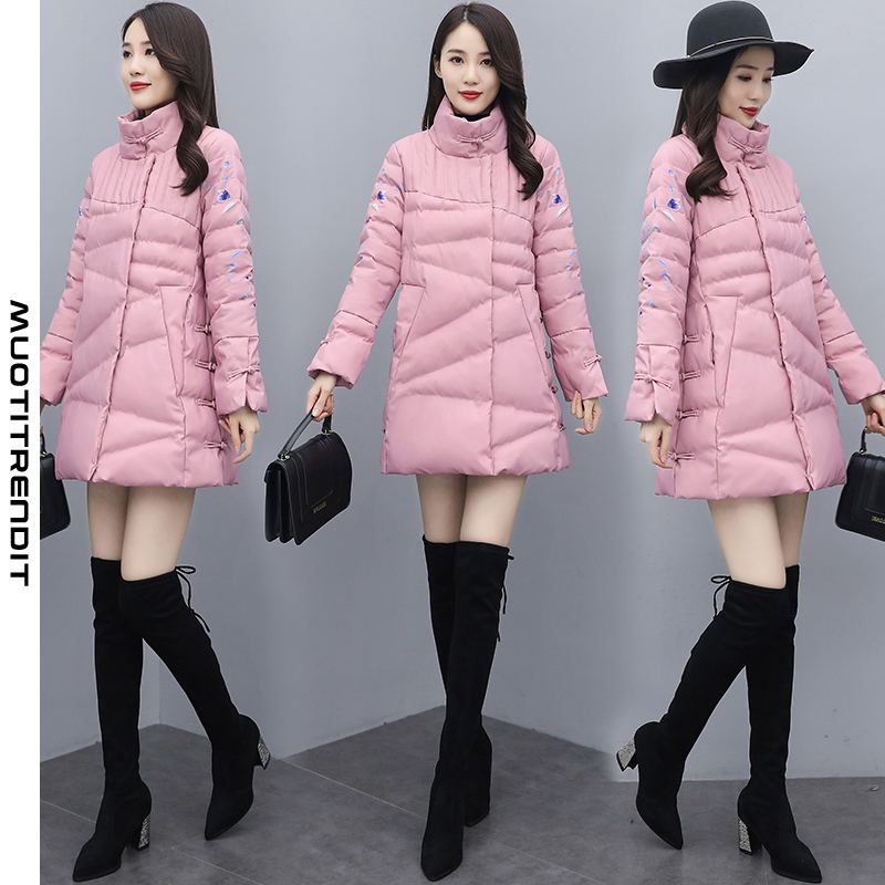talvi persoonallinen seisova kaulus mukava pitkä naisten pehmustettu takki ohut vaaleanpunainen
