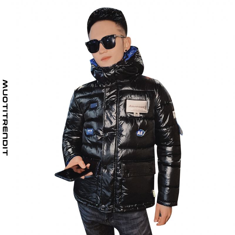 talvi persoonallinen trendikäs hupullinen miesten pehmustettu takki lyhyt musta