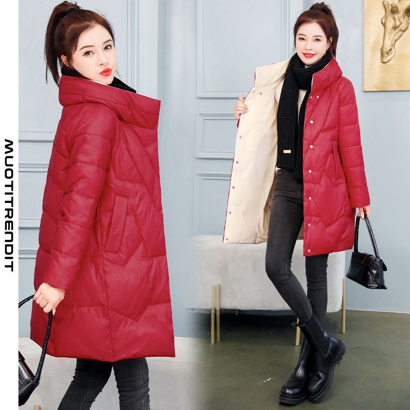 talvi yksivärinen naisten pehmustettu takki pitkä tyylikäs viininpunainen