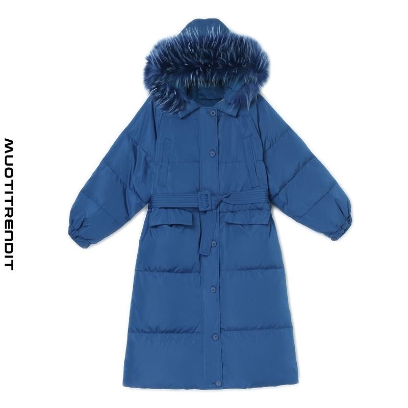 talvimuodin naisten pehmustettu takki ja turkis kaulus pitävät lämpimänä ja mukavana pitkänä sinisenä