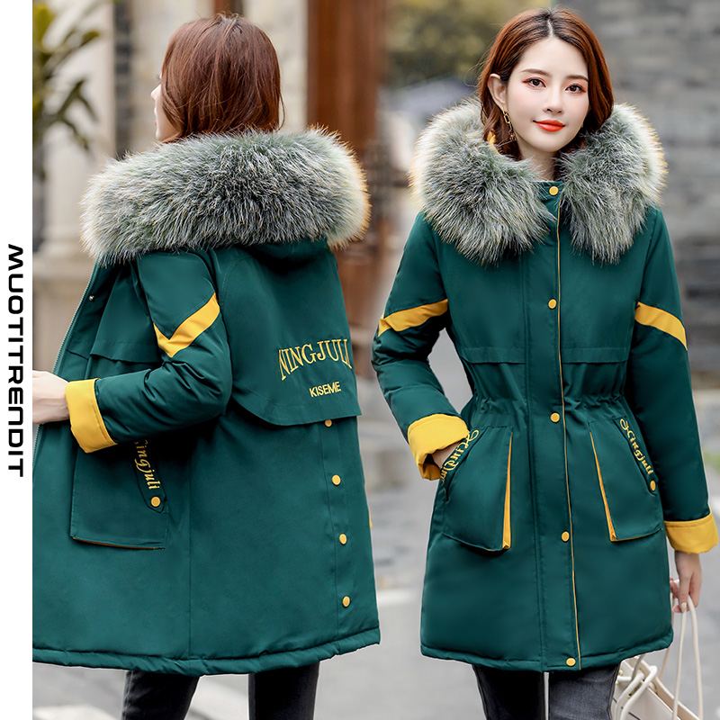 talvinen naisten parkatakki jossa on kirjontaturkiskaulus tyylikäs ja tyylikäs takki vihreä