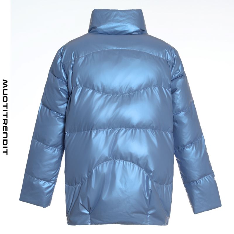 talvinen naisten pehmustettu takki kiiltävällä vetoketjulla löysällä trendillä tummansininen