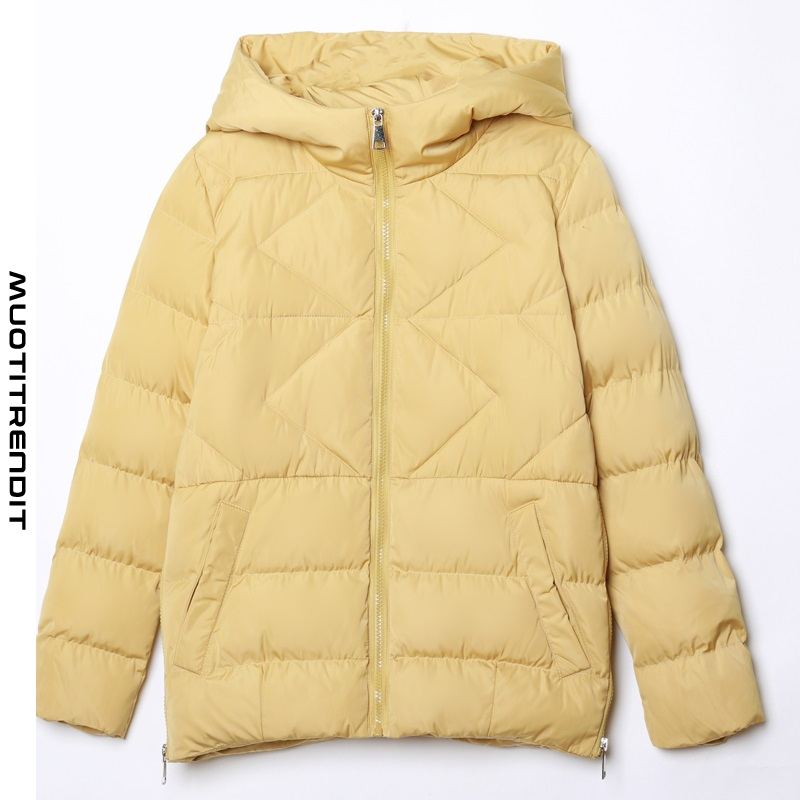 tyylikäs hupullinen naisten puuvillapehmustettu takki rento lämmin talvikeltainen