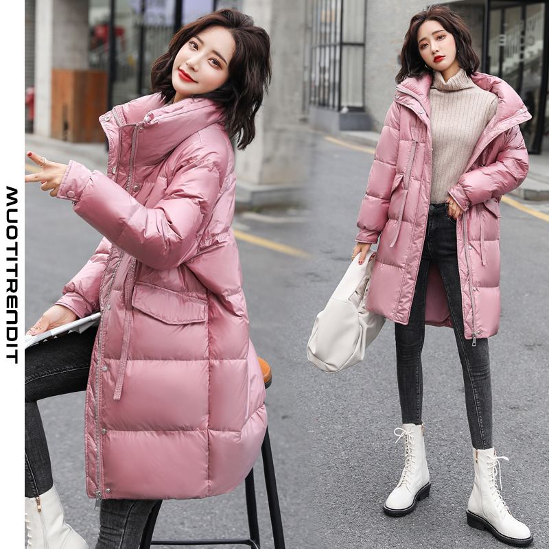 tyylikäs naisten pehmustettu takki pitkä talvimuodin paksu takki vaaleanpunainen