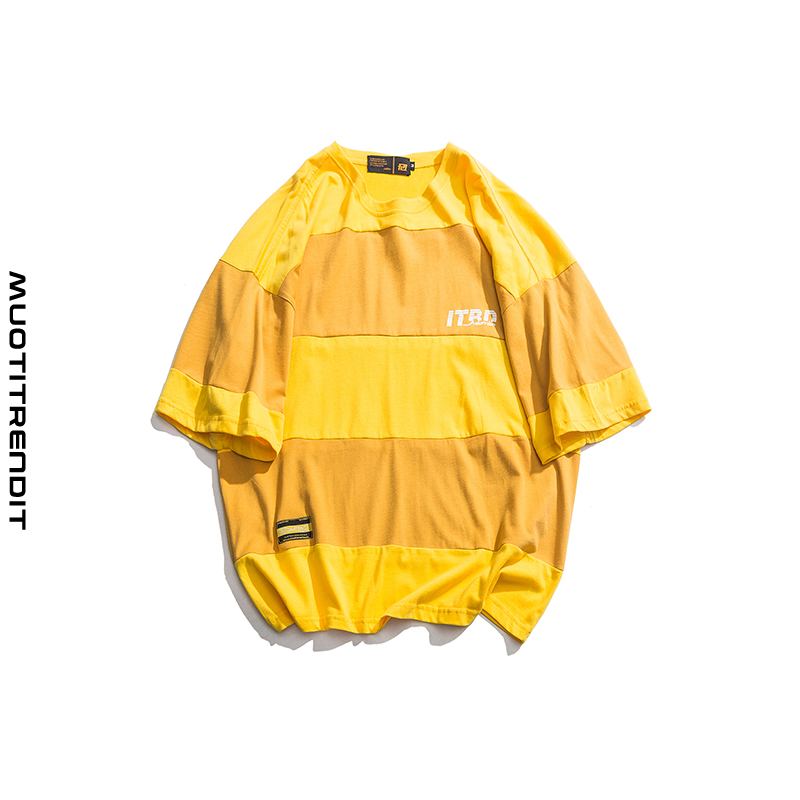 tyylikäs väriyhdistelmä raidallinen löysä lyhythihainen t-paita uros keltainen