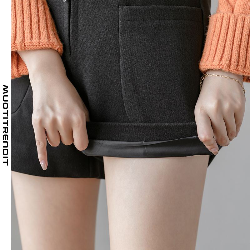 uudet villaiset korkeavyötäröiset leveälahkeiset naisten shortsit joissa on trendikäs musta vetoketju