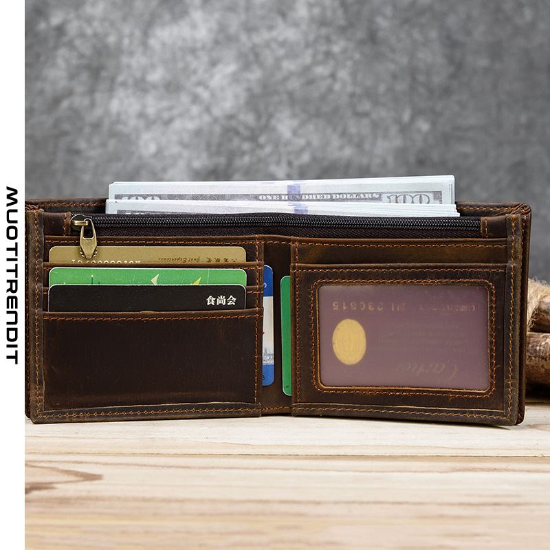 yksinkertainen kaksi taitettavaa lompakkoa vetoketjullinen urospuolinen monikorttipaikka ruskea